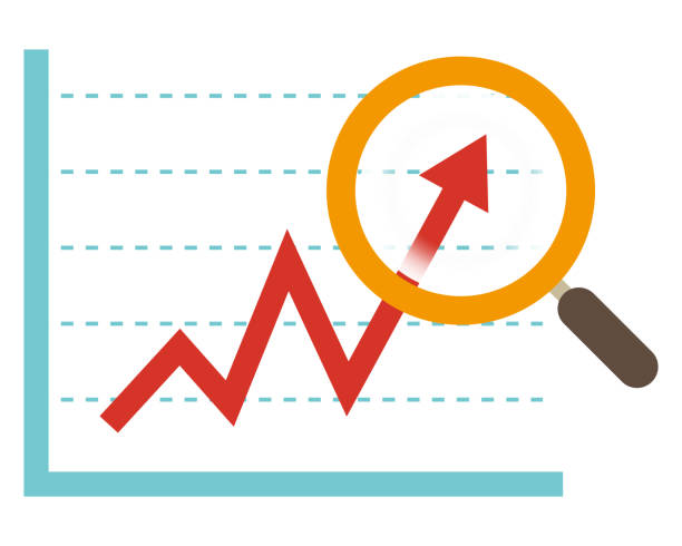 Vector illustration of magnifying graph with magnifying glass. Magnifier icon. Arrow. Stock price rise. Business. Vector illustration of magnifying graph with magnifying glass. Magnifier icon. Arrow. Stock price rise. Business. concave illustrations stock illustrations