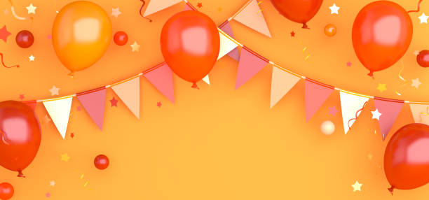 istock Orange balloons, bunting flags, confetti on background, Autumn concept design, halloween, copy space text, 3D illustration. 1256601409