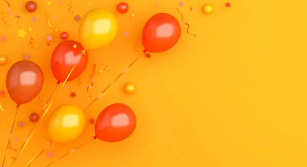 Photo of Flying orange balloons and confetti on background, Autumn concept design, halloween, copy space text, 3D illustration.