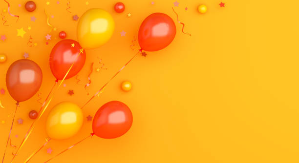 balões laranjas voadores e confetes no fundo, design conceito de outono, halloween, texto espacial de cópia, ilustração 3d. - molho arranjo - fotografias e filmes do acervo