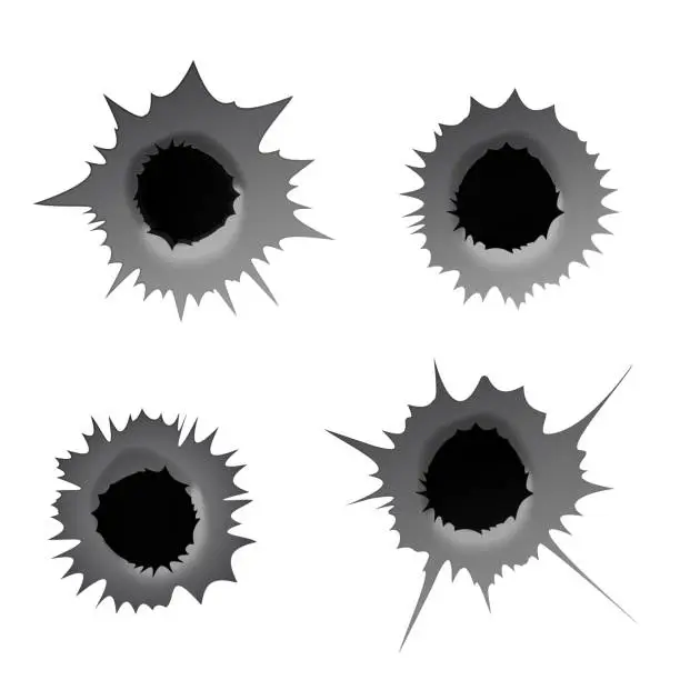 Vector illustration of Bullet hole on white background. Realisic metal bullet hole, damage effect. Vector illustration