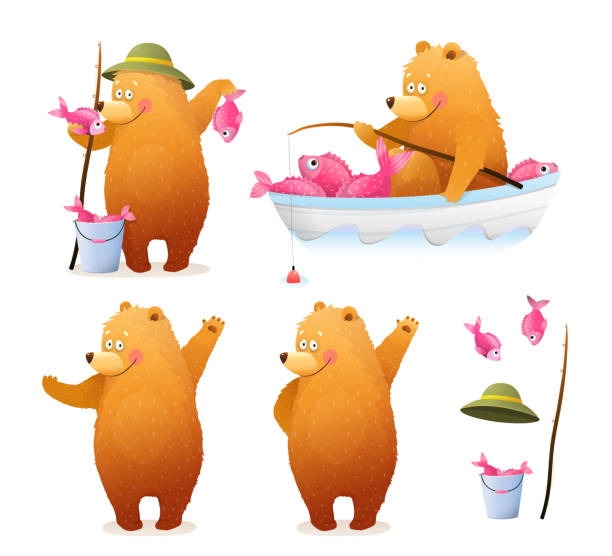 Bear Fisherman Fishing Cartoon Clipart for Kids Amusing Bear Fisherman with bucket of fish and rod sitting in the boat, and standing with catch. Cute baby cub Bear watercolor style cartoon for kids. Vector clipart illustration collection. sail boat clipart pictures stock illustrations