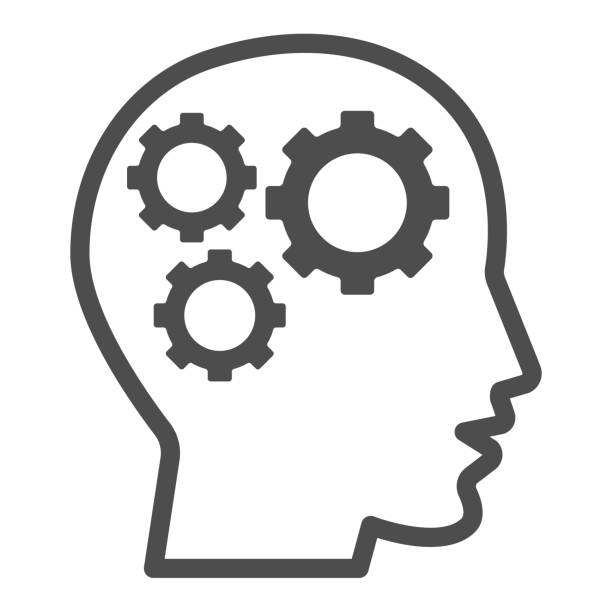 ilustrações de stock, clip art, desenhos animados e ícones de gears in head line icon, idea and innovation concept, human mind and three cogs sign on white background, human head with set of gears icon in outline style for mobile, web. vector graphics. - school supply