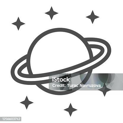 istock Planet Saturn line icon, space concept, Planet and stars sign on white background, Saturn with planetary ring system icon in outline style for mobile concept and web design. Vector graphics. 1256603742