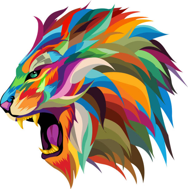 ревущий вектор льва.разноцветный ревущий вектор львиной головы,абстракт.цветной вектор льва, стиль поп-арта. - голова животного иллюстрации stock illustrations