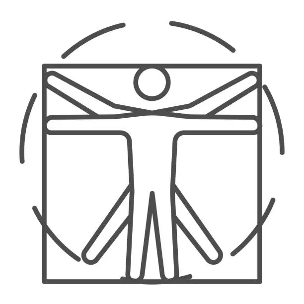 Vector illustration of Leonardo Da Vinci Vitruvian Man thin line icon, science concept, Human body in circle and square sign on white background, classic proportion man form icon in outline style. Vector graphics.