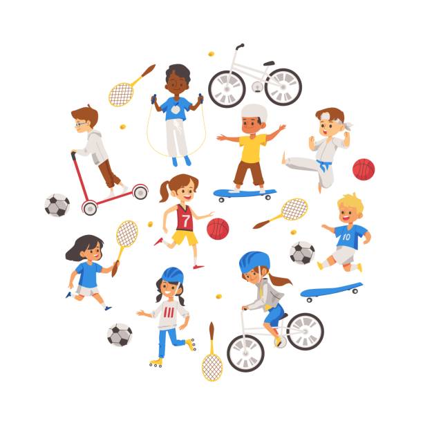 illustrazioni stock, clip art, cartoni animati e icone di tendenza di bambini che giocano a vari set sportivi di icone isolate vettoriali. - tennis child teenager childhood