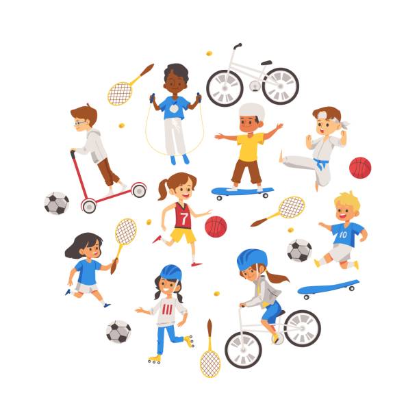 ilustrações de stock, clip art, desenhos animados e ícones de children playing various sports set of vector isolated icons. - child tennis white background sport