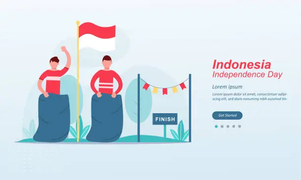 Vector illustration of Happy indonesia Independence Day, 17 august 1945, celebrations with playing traditional game, cracker eating, sack races, spoon race, tug of war, Suitable for web landing page, social media post, ui, mobile app, banner