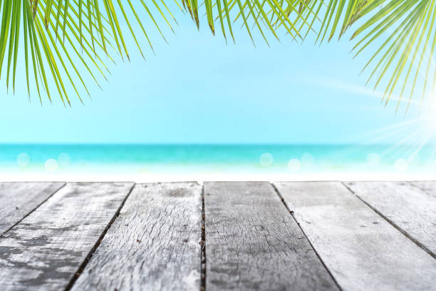 istock Selective focus of old wood table with blur beautiful beach background for display your product. 1256606621