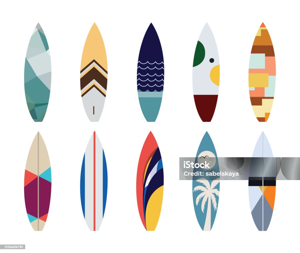 흰색 배경에 격리 된 서핑 보드 디자인의 벡터 세트입니다 서핑보드에 대한 스톡 벡터 아트 및 기타 이미지 - 서핑보드, 서핑-수상  스포츠, 패턴 - Istock