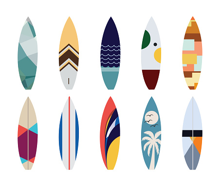 Collection of surfboards with various patterns. Surfboards for extreme summer sports. Vector flat illustration isolated on a white background.