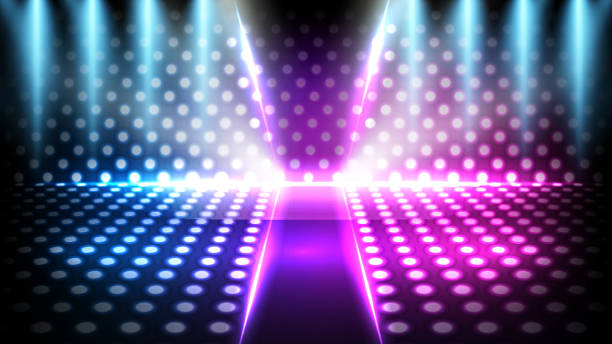 istock abstract futuristic background of neon square frame and lighting spotlgiht stage background 1256606822