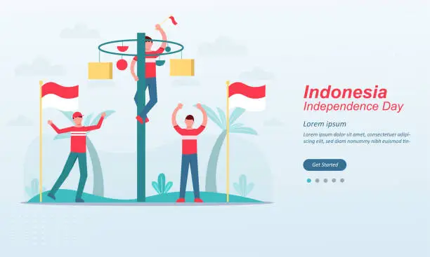 Vector illustration of Happy indonesia Independence Day, 17 august 1945, celebrations with playing traditional game, cracker eating, sack races, spoon race, tug of war, Suitable for web landing page, social media post, ui, mobile app, banner