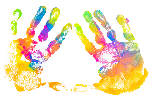 Paint colorful hand print on white background