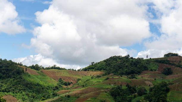 istock Beautiful view white fluffy clouds on vivid blue sky above greenery mountain 1256607611