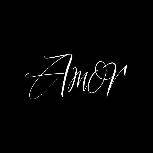 Vector illustration of Amor brush paint hand drawn lettering on black background. Love in spanish language design templates for greeting cards, overlays, posters