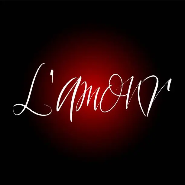 Vector illustration of L`amour brush paint hand drawn lettering on black background. Love in french language design templates for greeting cards, overlays, posters