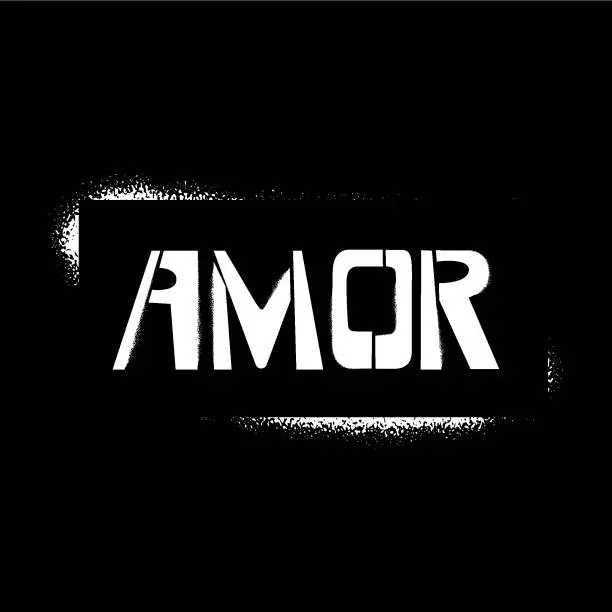 Vector illustration of Amor stencil graffiti lettering on black background. Love in spanish language design templates for greeting cards, overlays, posters