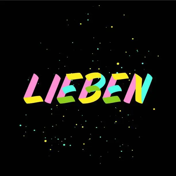 Vector illustration of Lieben brush paint sign lettering on black background with splashes. Love in german language design templates for greeting cards, overlays, posters