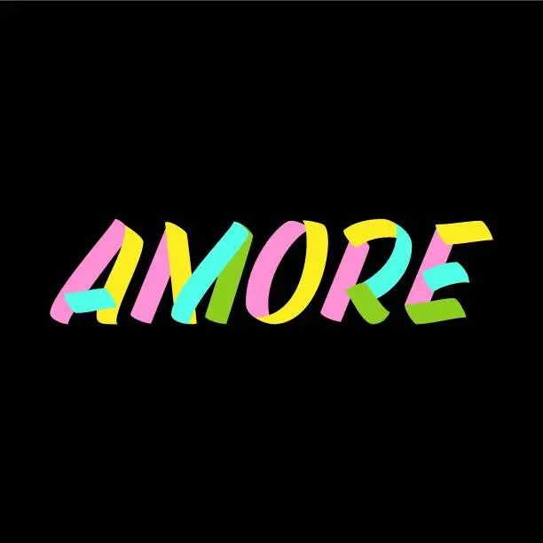 Vector illustration of Amore brush paint sign lettering on black background. Love in italian language design templates for greeting cards, overlays, posters
