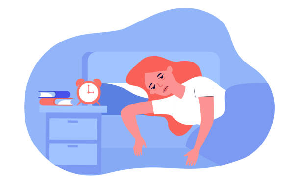 illustrazioni stock, clip art, cartoni animati e icone di tendenza di donna insonni sdraiata a letto con fatica - insonnia