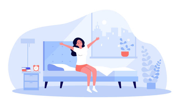 Happy young woman awakening at morning Happy young woman awakening at morning isolated flat vector illustration. Cartoon female character in bed getting up. Comfort, home, guest and bedroom concept bedroom illustrations stock illustrations