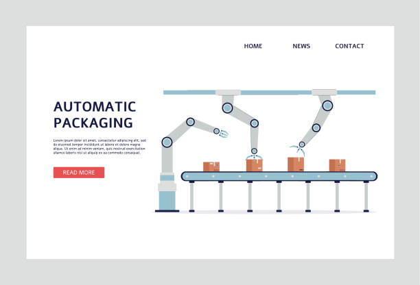 Robot arm conveyor belt - automatic cardboard box packaging system. Robot arm conveyor belt - automatic cardboard box packaging system. Industrial robotic machine for package processing isolated on white background. Vector illustration conveyor belt stock illustrations