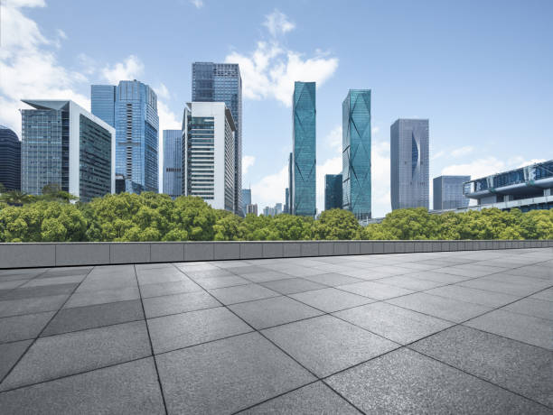 istock Panoramic skyline and buildings with empty square floor 1256617917