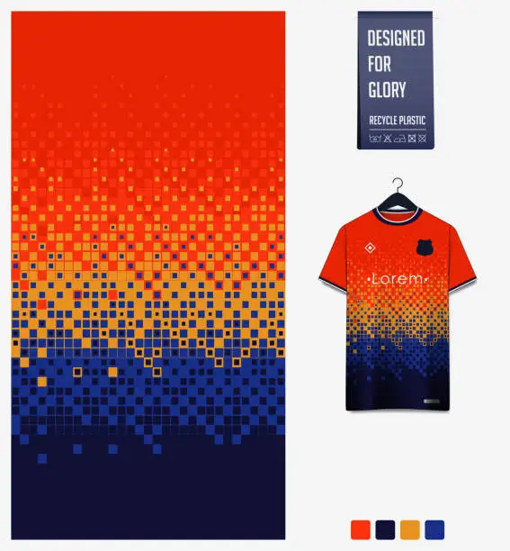 Vector illustration of Blue Orange gradient, geometry shape abstract background. Fabric textile pattern design for soccer jersey, football kit, sport uniform. T-shirt mockup template design. Vector Illustration.