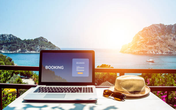 travel booking web page concept. booking on the internet. - airplane ticket ticket airplane internet imagens e fotografias de stock