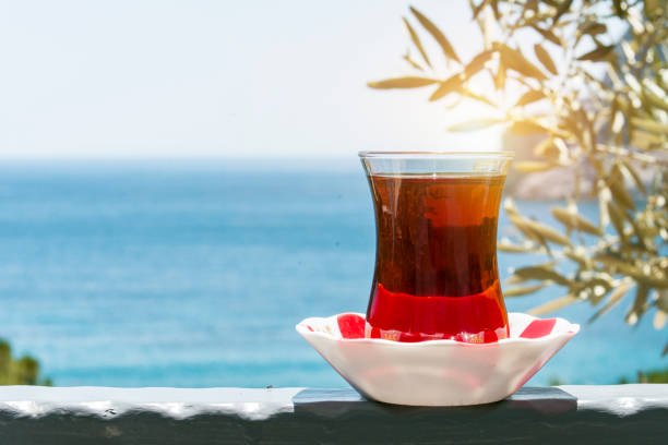 Enjoying a glass of Turkish tea on the vacation stock photo