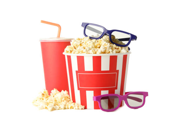 istock Popcorn, cup with straw and 3d glasses isolated on white background 1256622129