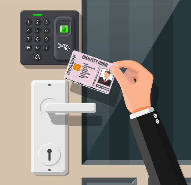 illustrazioni stock, clip art, cartoni animati e icone di tendenza di dispositivo di sicurezza per password e impronte digitali con mano - biometrics accessibility control fingerprint