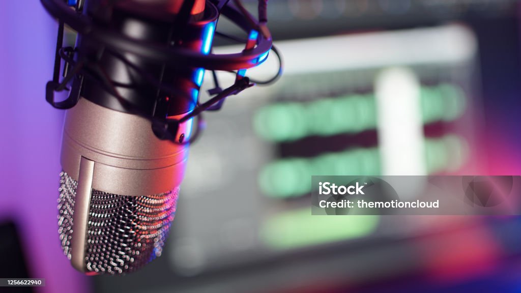 Studio Microphone Recording Podcast Audio Podcast recording microphone in a studio Podcasting Stock Photo