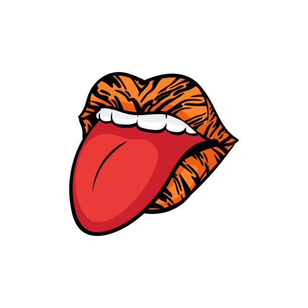 istock Cartoon lips with orange and black stripes and red tongue sticking out 1256624891