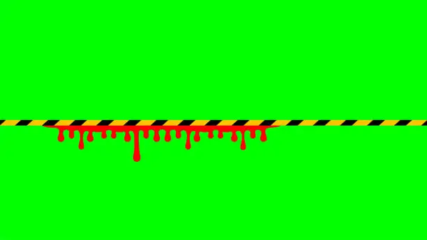 Vector illustration of caution tape stripe and blood drop on green screen background, red blood on caution tape for green screen video, warning tape line over green screen, ribbon yellow black striped on chroma key screen