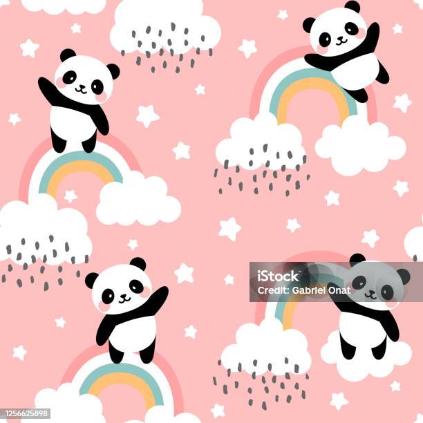 Panda Seamless Pattern Background Happy Cute Panda Flying In The Sky  Between Clouds And Star Stock Illustration - Download Image Now - iStock