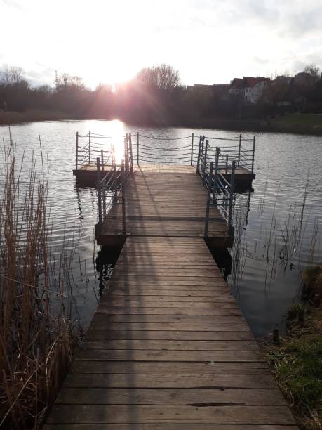 istock Viewing deck of lake at sunset 1256626010