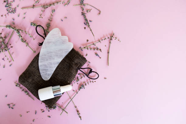 Pink Gua Sha massage tool made of rose quartz on the pink background with dried lavender flowers. Pink Gua Sha massage tool made of rose quartz on the pink background with dried lavender flowers. Beauty concept. Flatlay concept nature russia environmental conservation mineral stock pictures, royalty-free photos & images