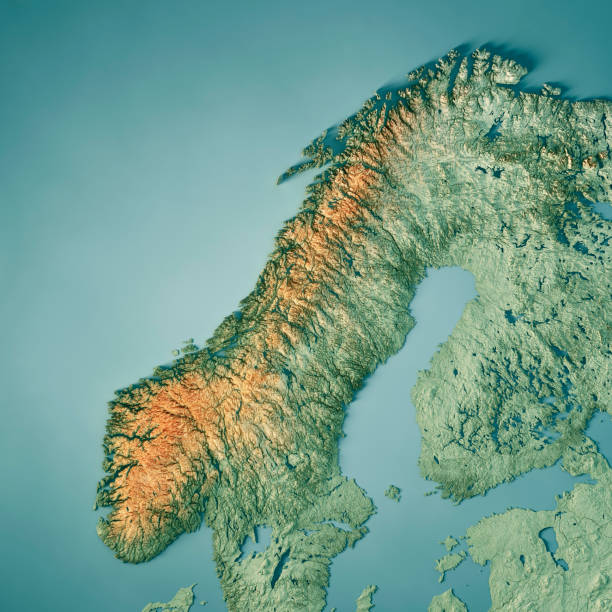 norvège 3d render topographique carte couleur - map of norway photos et images de collection