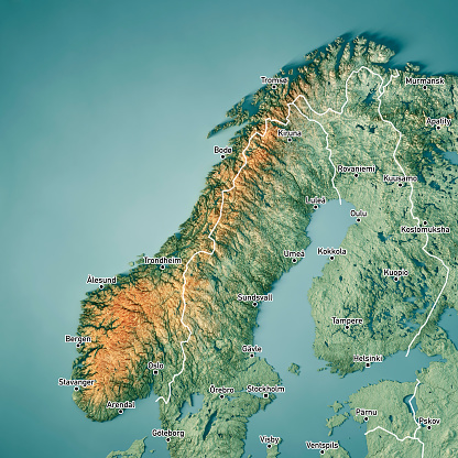 3D Render of a Topographic Map of Norway. Version with Country Boundaries and Cities.\nAll source data is in the public domain.\nColor texture: Made with Natural Earth. \nhttp://www.naturalearthdata.com/downloads/10m-raster-data/10m-cross-blend-hypso/\nRelief texture: GMTED2010 data courtesy of USGS. URL of source image: \nhttps://topotools.cr.usgs.gov/gmted_viewer/viewer.htm\nWater texture: World Water Body Limits: Humanitarian Information Unit HIU, U.S. Department of State\nhttp://geonode.state.gov/layers/geonode%3AWorld_water_body_limits_polygons\nBoundaries: Humanitarian Information Unit HIU, U.S. Department of State (database: LSIB)\nhttp://geonode.state.gov/layers/geonode%3ALSIB_10