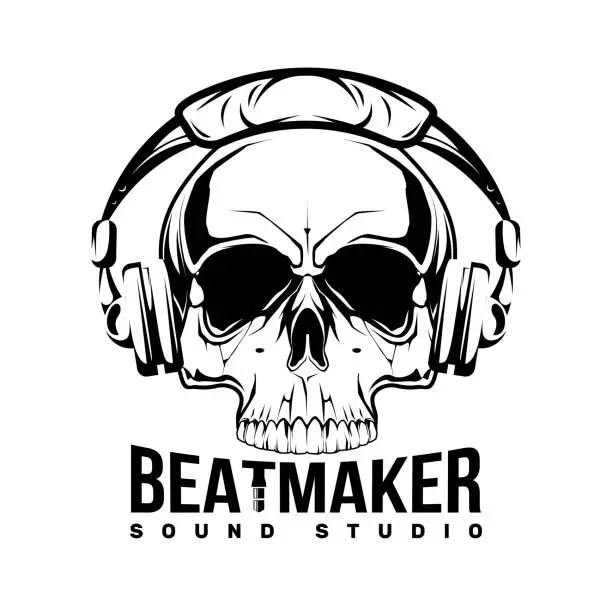 Vector illustration of Beatmaker skull with headphone logo. Illustration for print t-shirt. Vector fashion illustration