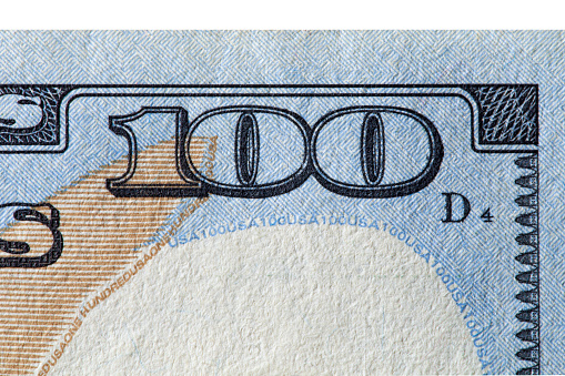 Close-up of one hundred dollar bill.