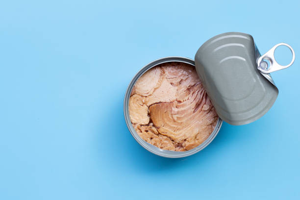 istock Canned tuna fish on blue background. 1256628902