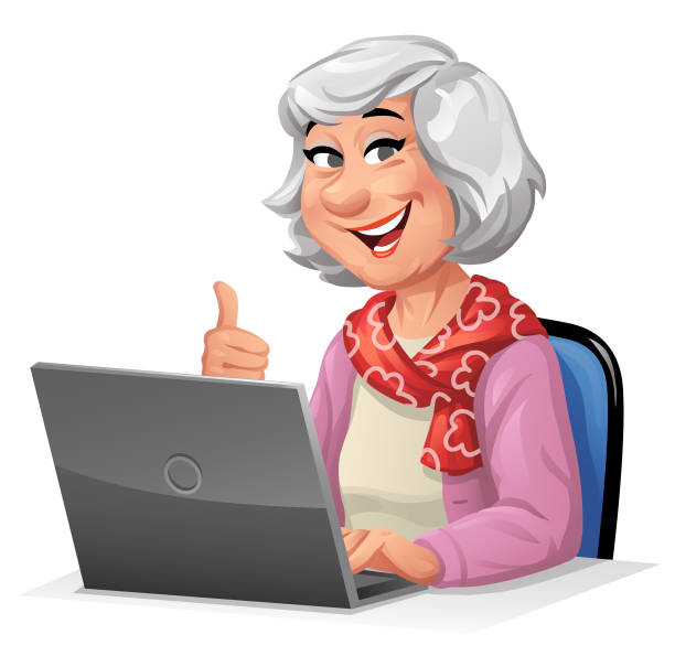 Senior Woman Using Laptop Vector illustration of senior woman with gray hair sitting at a desk working on a laptop, gesturing thumbs up- isolated on white. Concept for elderly people and technology, active seniors, the internet, retirement, communication, computer training and online shopping. old person cartoon stock illustrations