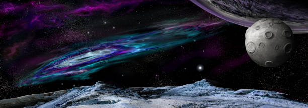 istock Panoramic view of exoplanets with their satellite on a background of space nebula 1256632335
