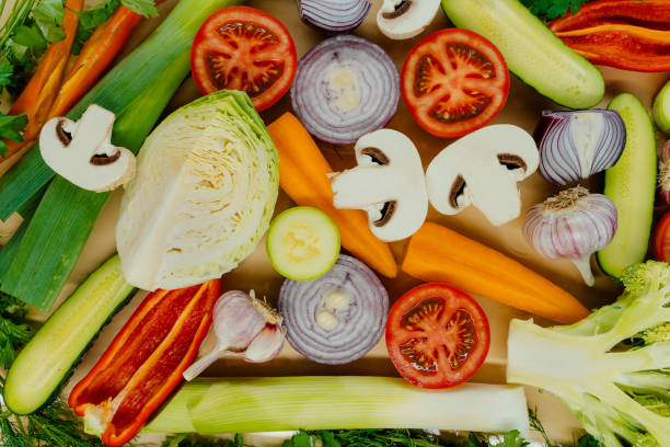 istock Different vegetables Copy space. Healthy fresh rainbow colored vegetables in a row 1256635366