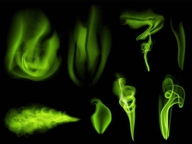 검은 색 배경에 녹색 연기 세트. 나쁜 냄새 가장 독성 스모그 - toxic substance smoke abstract green stock illustrations