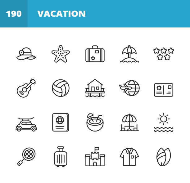 ilustrações de stock, clip art, desenhos animados e ícones de vacations and tourism line icons. editable stroke. pixel perfect. for mobile and web. contains such icons as hat, luggage, island, sea, umbrella, guitar, volleyball, travel, plane, surfing, passport, sun, sand castle, beach, tropics, hawaii, camping. - summer resort id card sign paperwork